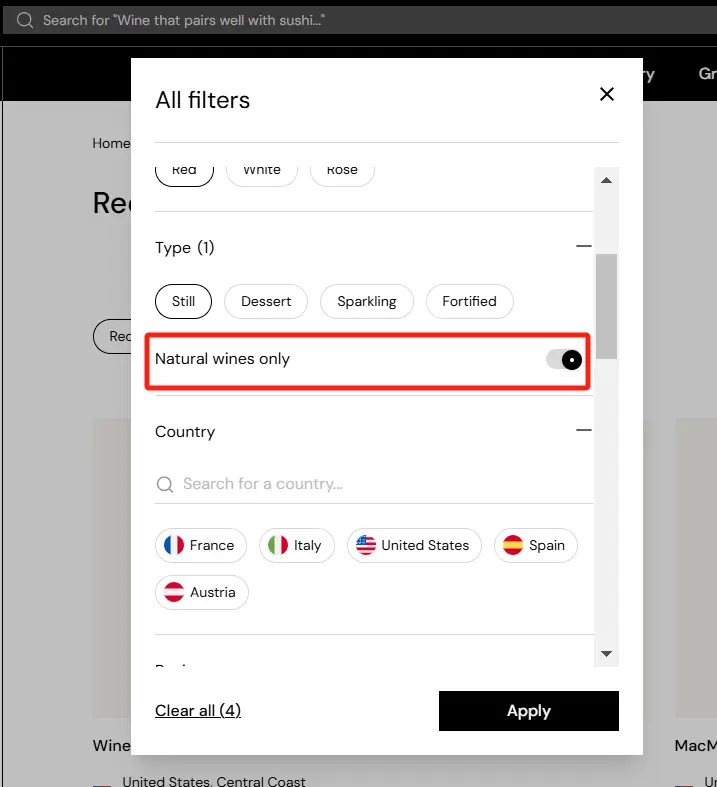 Switch on the “Natural wines only” button to find your favorite natural wine on VinoVoss