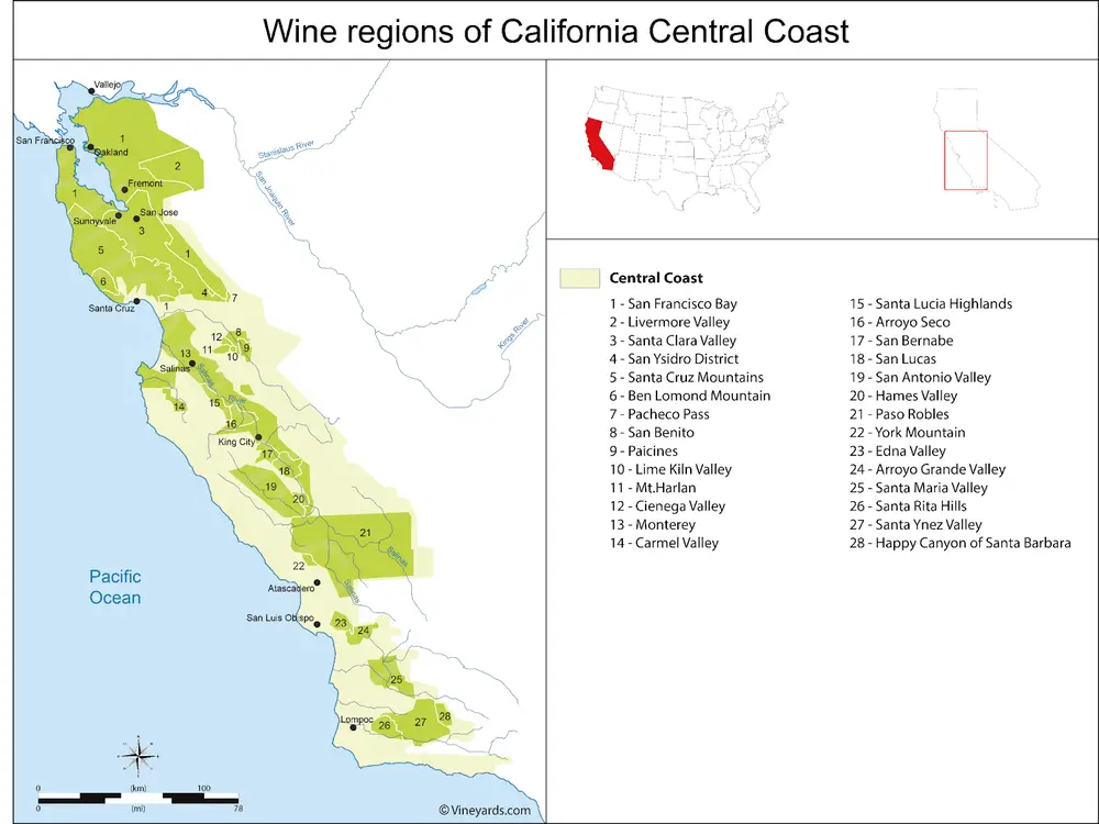 Wine regions of California Central Coast (Source: vineyards.com)