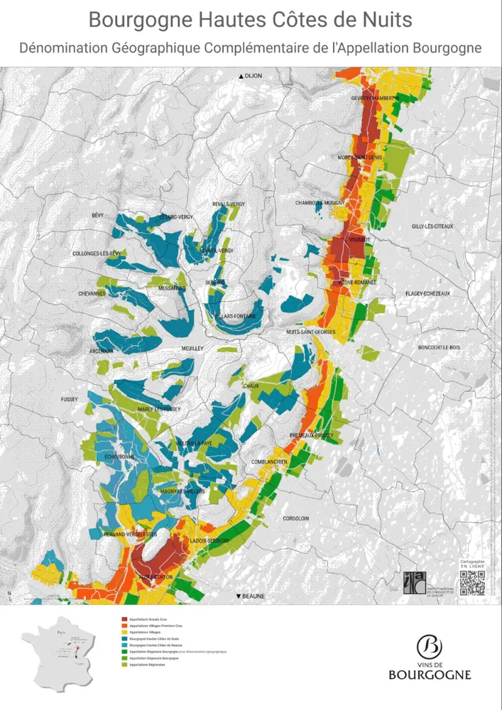 Map of the vineyard area of Haute-Côte des Nuits indicated in blue (credit: Vins de Bourgogne)