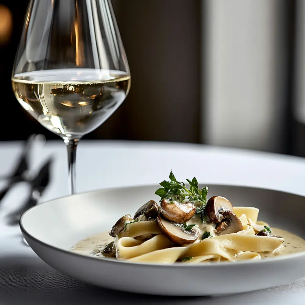 Mushroom dishes like this pasta are a perfect match with a glass of white Burgundy (Image generated using Midjourney)