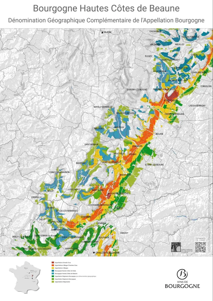 Map of the vineyard area of Haute-Côte de Beaune indicated in blue (credit: Vins de Bourgogne)