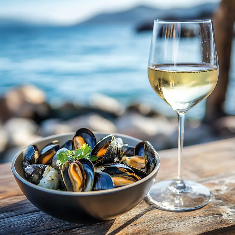 An incredible match Albariño aka Alvarinho with mussels (Image generated using Midjourney)