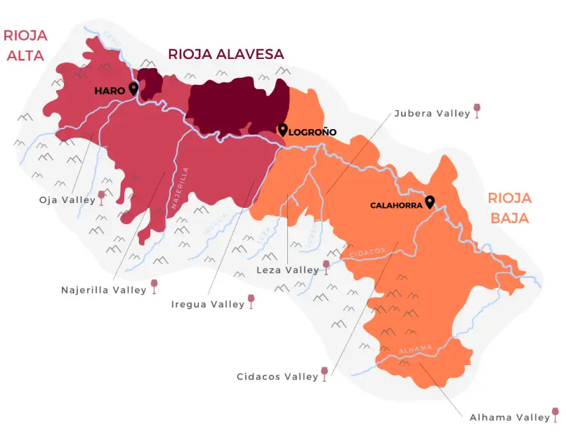 The region of Rioja is comprised of three separate subregions: Rioja Alta, Rioja Alavesa, and Rioja Oriental (map from winetourism.com)