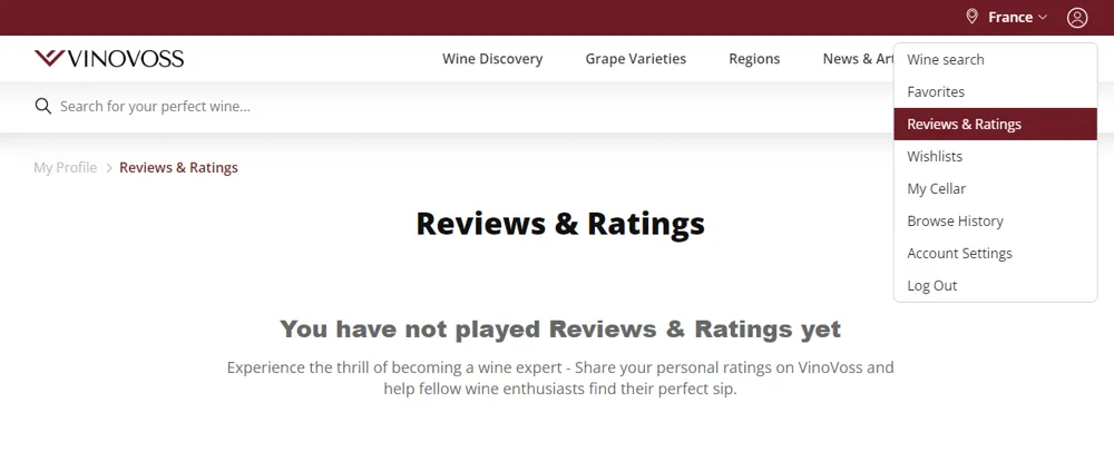 Find your reviews and ratings of the wines you tasted in your user profile on vinovoss.com (screenshot of vinovoss.com)