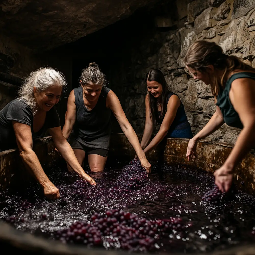 Traditionally, crushing grapes by foot was the best way to quickly extract color and good aromas (Image generated using Midjourney)