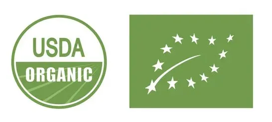 United States Departments of Agriculture, and EU organic certification logos (Photo: left: USDA, right: EU)