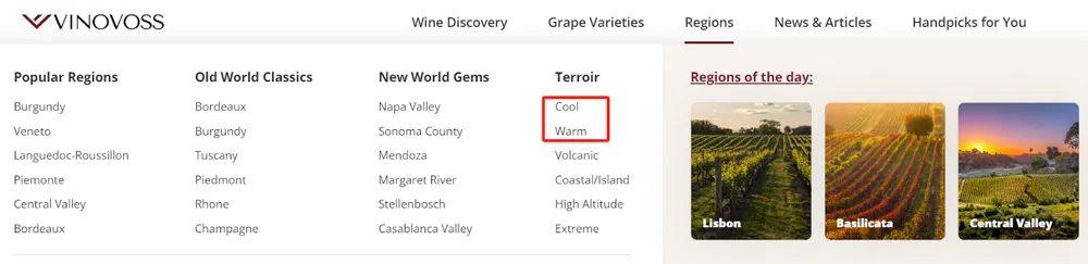 Vinovoss categorizes wines by different climates and terroirs (Photo: screenshot of navigation menu on vinovoss.com)