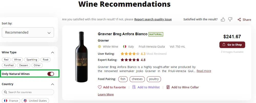 The Search function on VinoVoss has been made it easy to locate natural wines. Just toggle the “Natural Wine” button to find your next favorite producer.