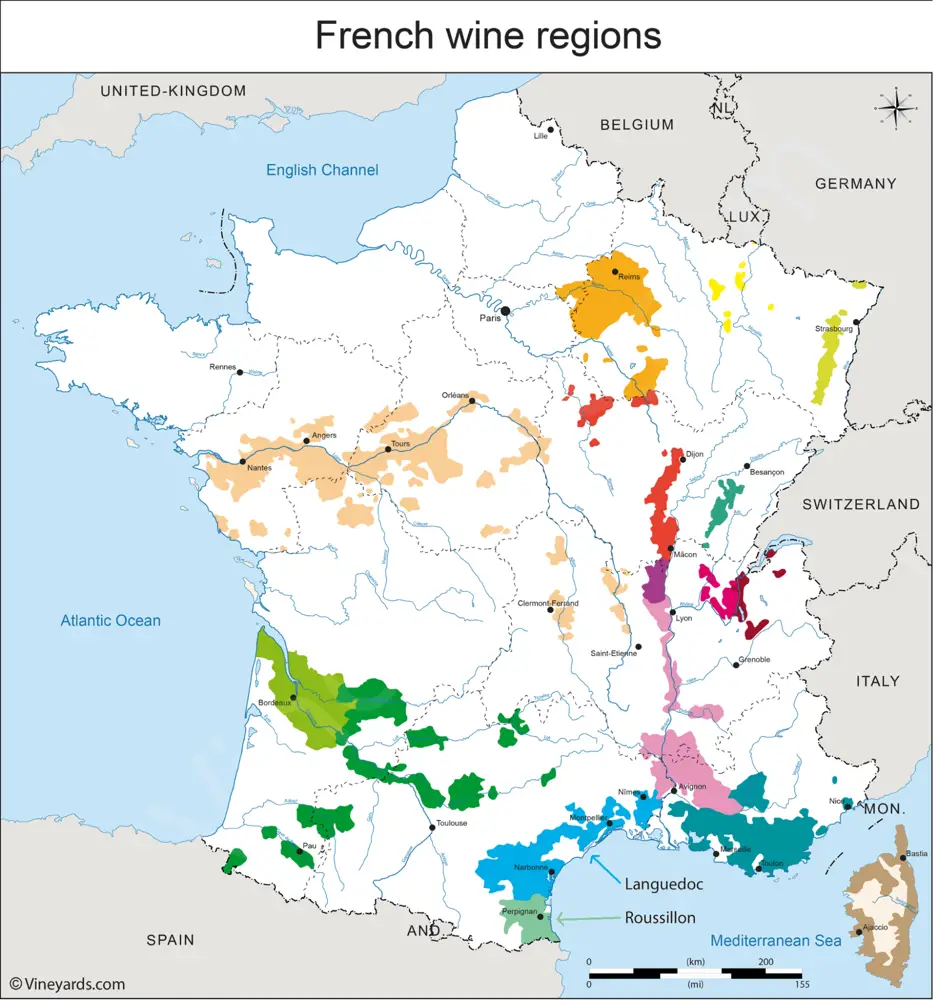 Wine map of France, with Languedoc and Roussillon pointed out. (Credit: Adjusted from Vineyards.com)