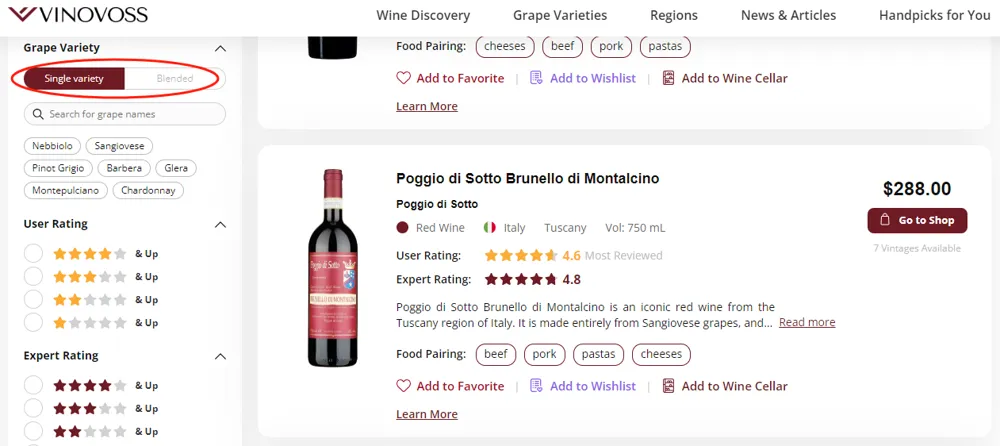 On VivoVoss, you can choose to include the options of a single variety or blend only. (Photo: search result from vinovoss.com)