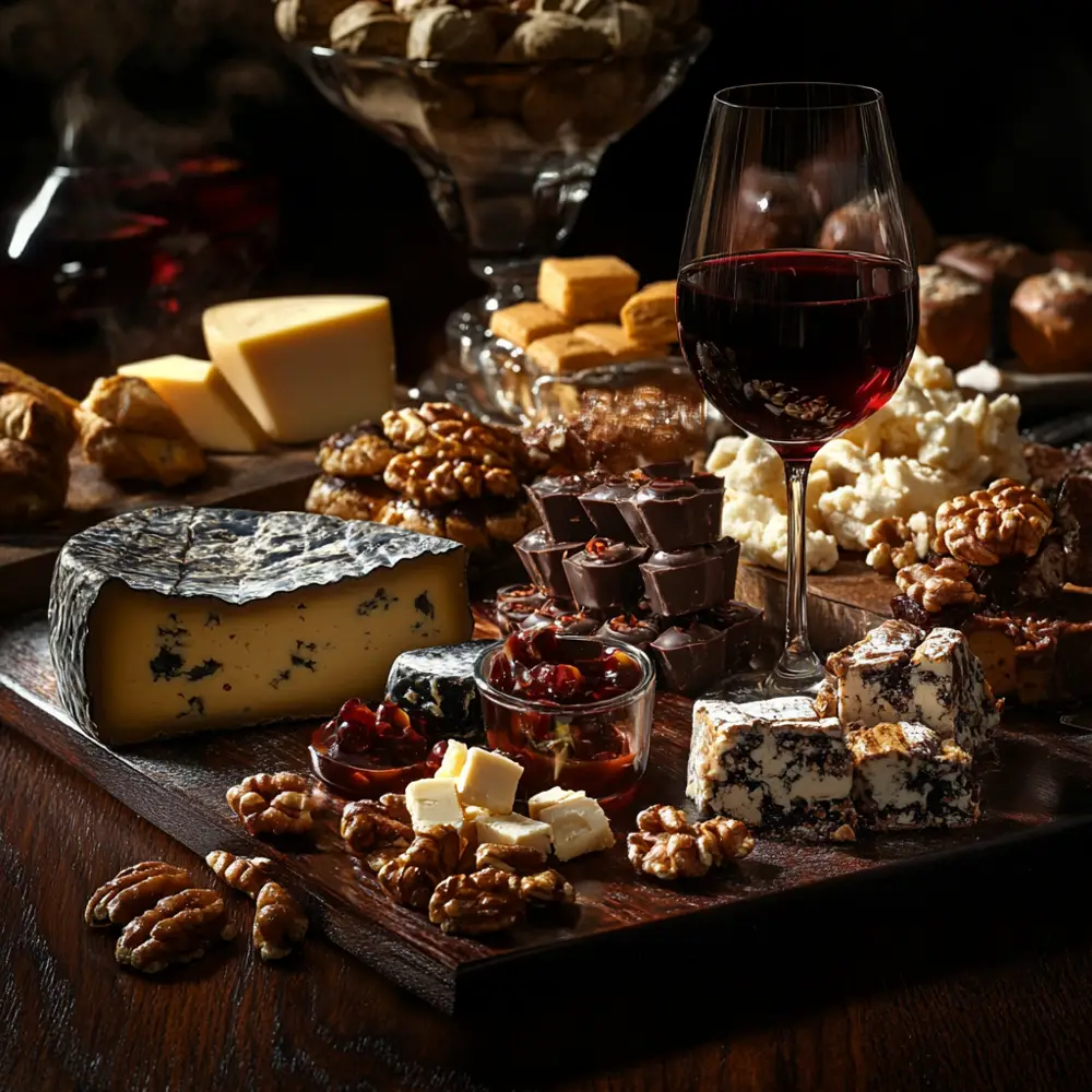 Ports can be paired with a variety of food: from nuts, blue cheeses to caramel pastries and chocolate desserts. (Imge generated using Midjourney) 