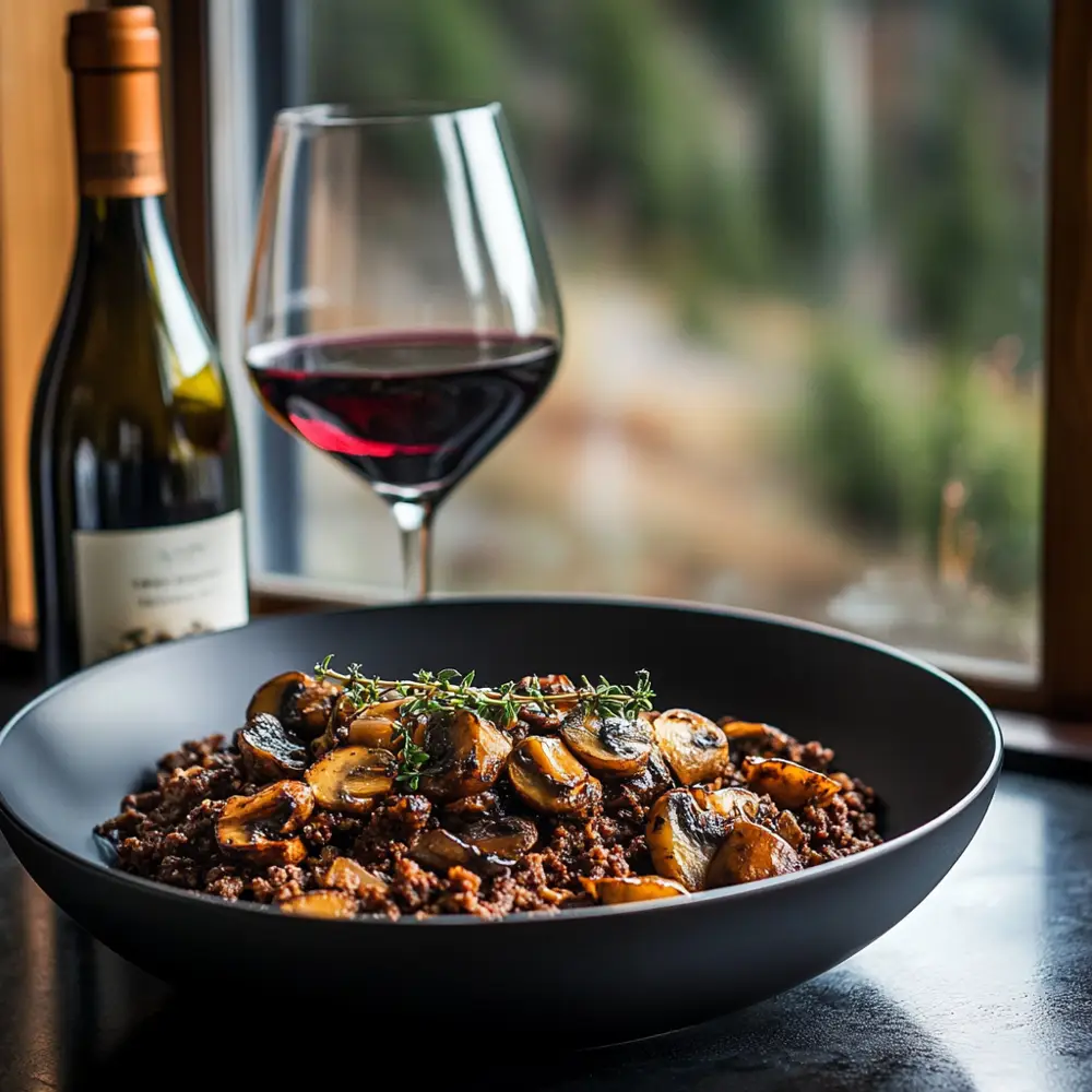 A Pinot Noir from Oregon paired with low-carb mushroom and ground beef (Image generated using Midjourney)