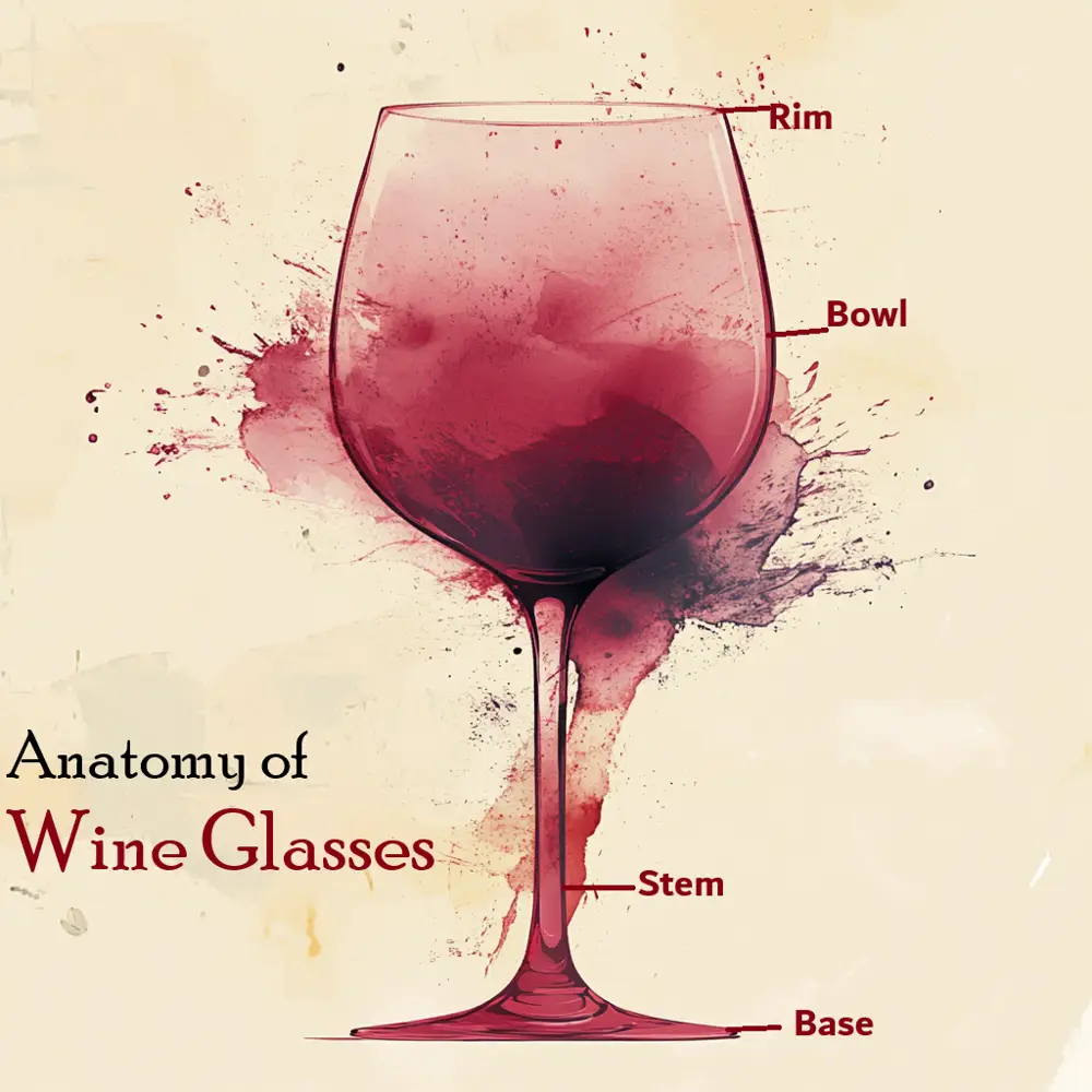 There are four main components to a wine glass (Image generated using Midjourney)