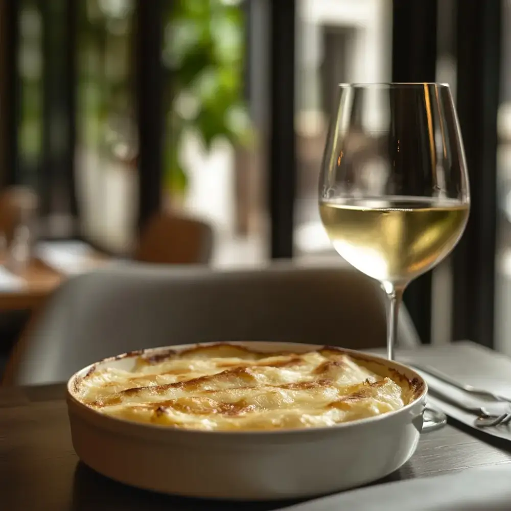 Gratin with a glass of white Savoie (Photo: Midjourney)