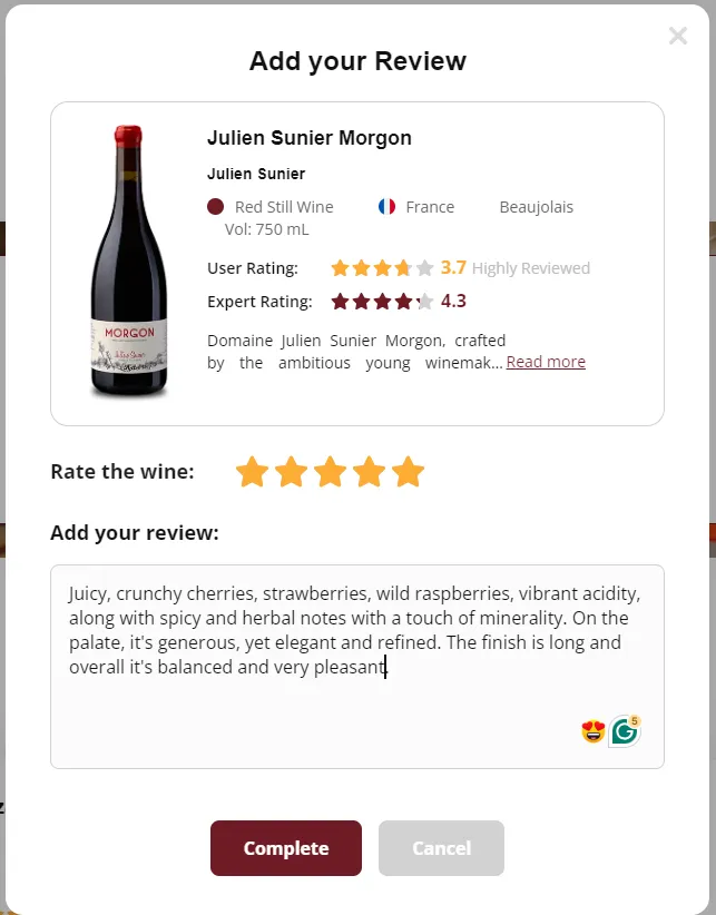 Find the wine and share a few words on vinovoss.com (screenshot of vinovoss.com, tasting notes by Sylvia Ba)