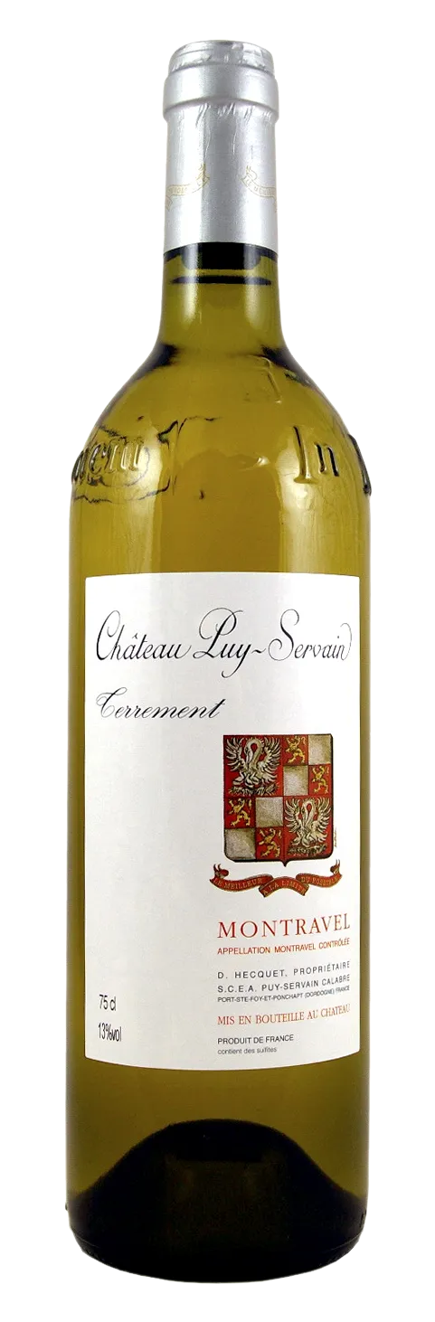 Bottle of Château Puy-Servain Terrement Montravel Blancwith label visible