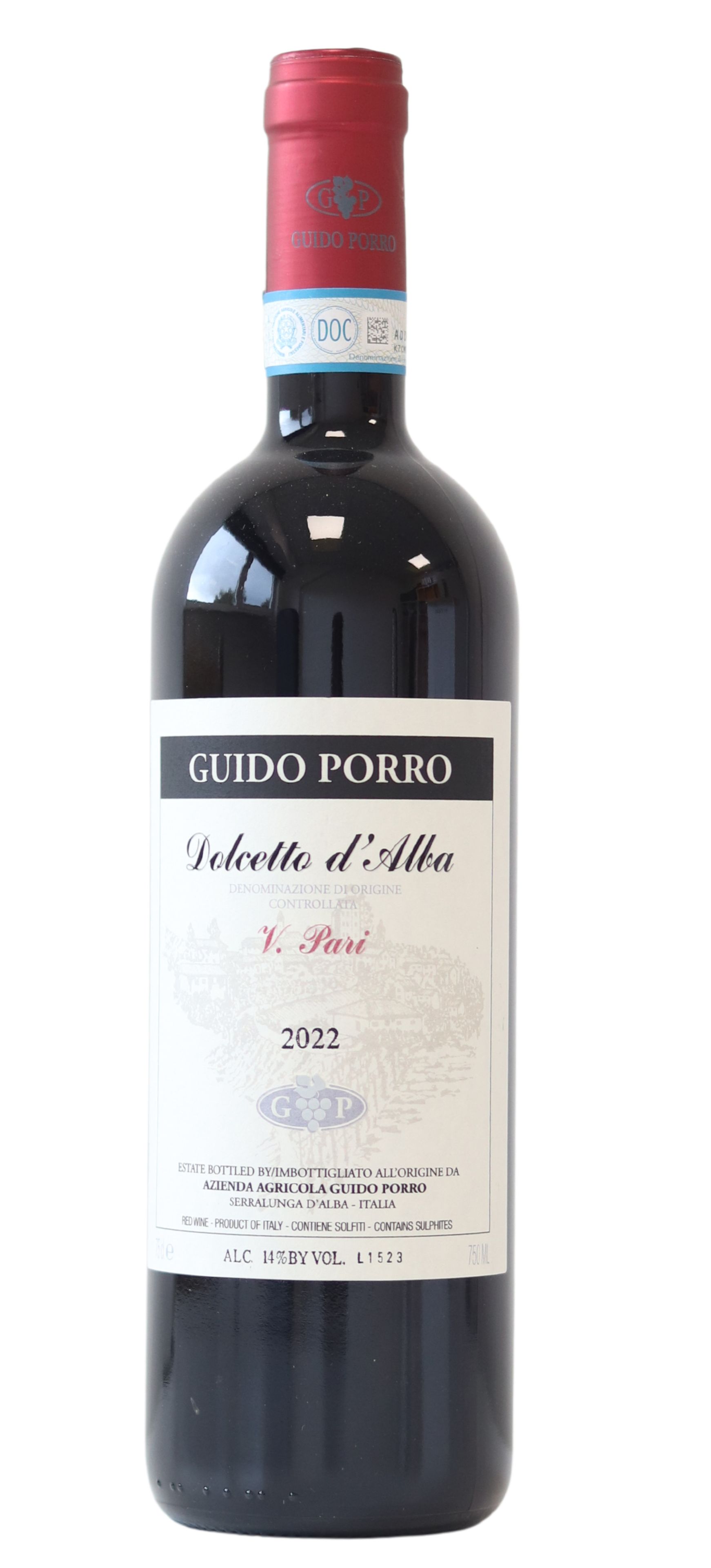 Bottle of Guido Porro Dolcetto d'Albawith label visible