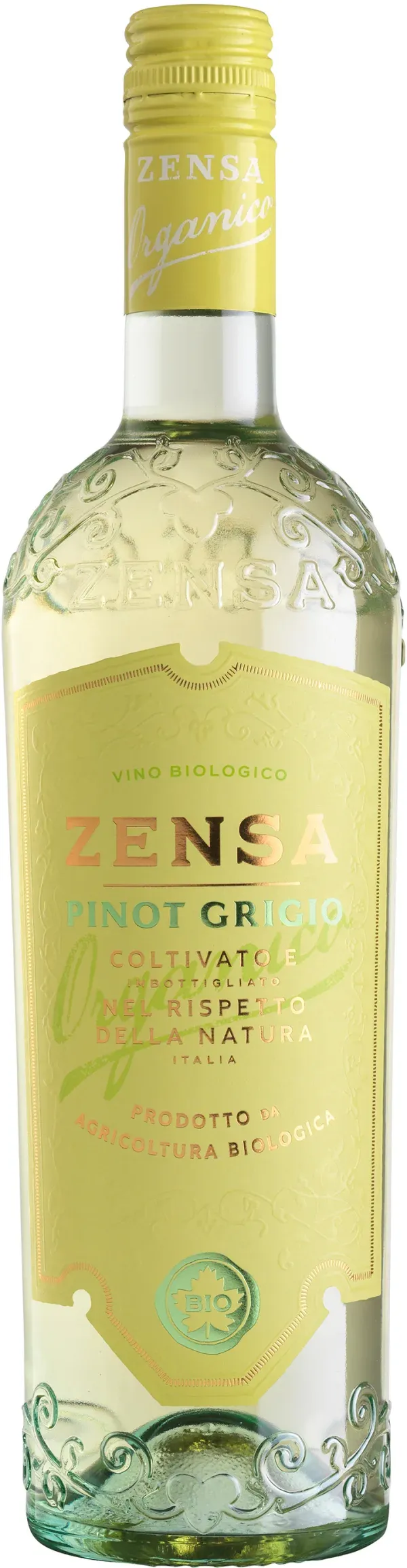 Bottle of Zensa Pinot Grigiowith label visible