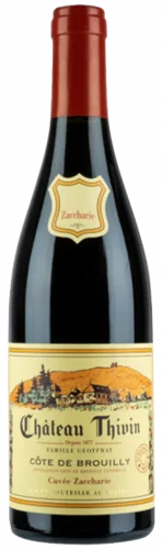 Bottle of Château Thivin Côte de Brouilly Cuvée Zacchariewith label visible