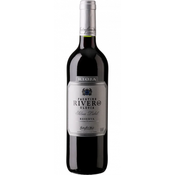 Bottle of Faustino Rivero Ulecia Silver Label Rioja Reservawith label visible