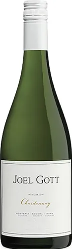 Bottle of Joel Gott Unoaked Chardonnaywith label visible