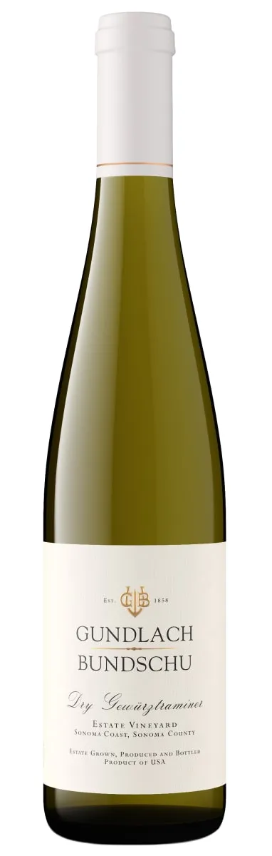 Bottle of Gundlach Bundschu Estate Vineyard Dry Gewürztraminerwith label visible