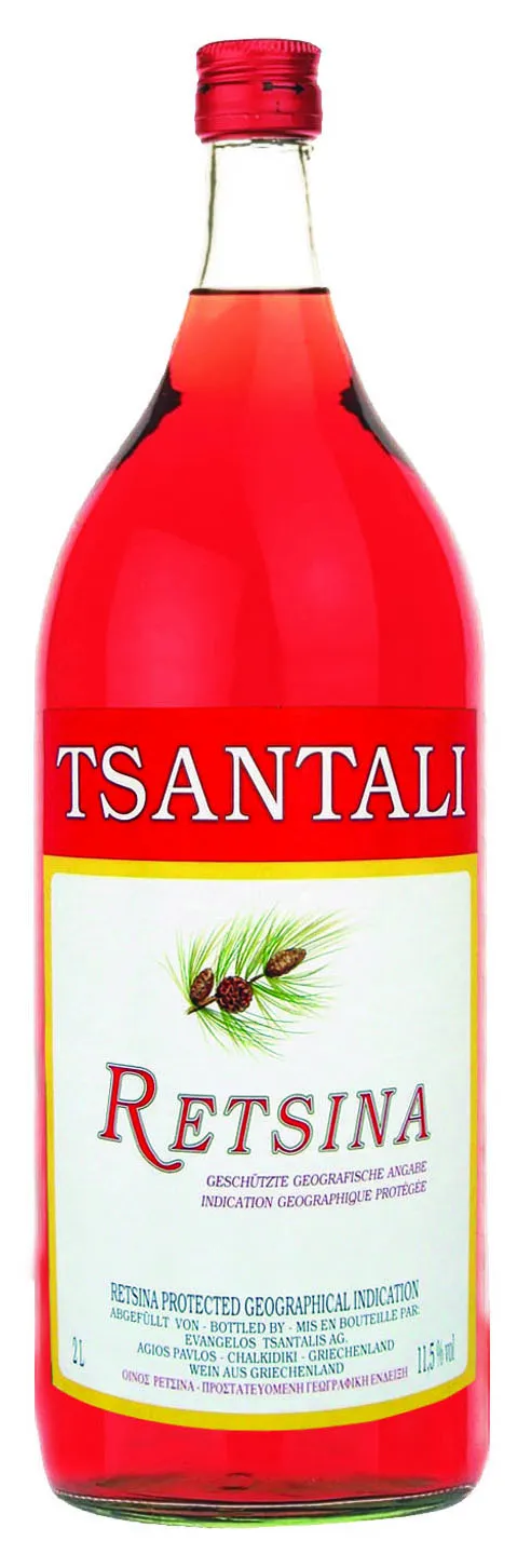 Bottle of Tsantali Retsinawith label visible
