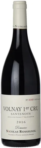 Bottle of Domaine Nicolas Rossignol Volnay 1er Cru 'Santenots'with label visible
