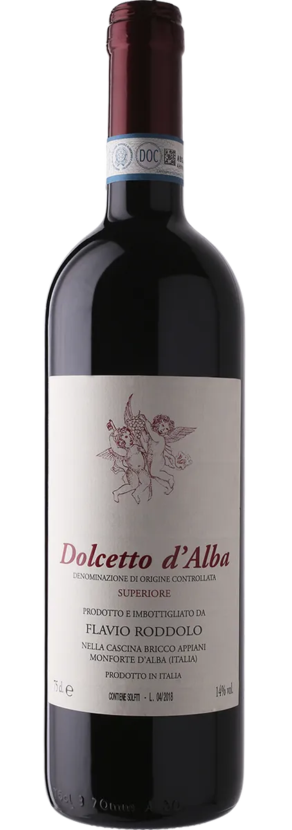 Bottle of Flavio Roddolo Dolcetto d'Alba Superiorewith label visible