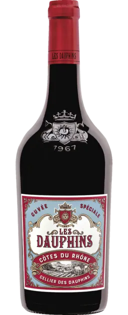 Bottle of Cellier des Dauphins Les Dauphins Cuvée Speciale Côtes du Rhône Rougewith label visible