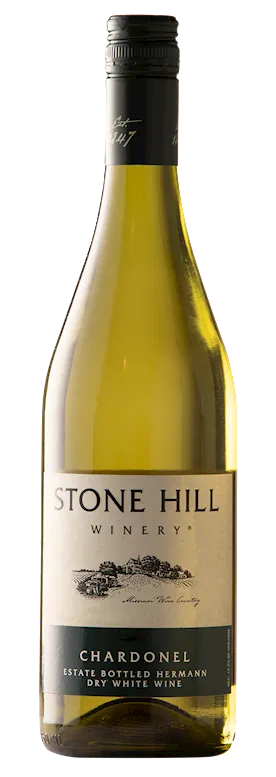 Bottle of Stone Hill Winery Chardonel Dry Whitewith label visible