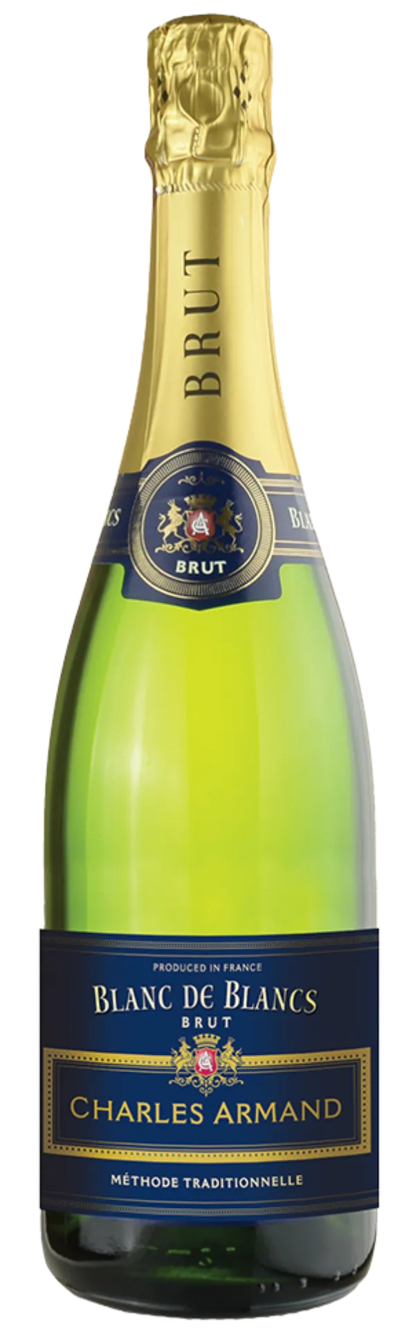 Bottle of Charles Armand Blanc de Blancs Brutwith label visible