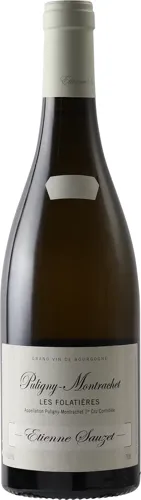 Bottle of Etienne Sauzet Puligny-Montrachet 1er Cru 'Les Folatières'with label visible