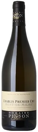 Bottle of Domaine Pinson Chablis Premier Cru 'Mont-de-Milieu'with label visible