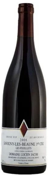 Bottle of Domaine Lucien Jacob Savigny-lès-Beaune 1er Cru 'Les Peuillets'with label visible