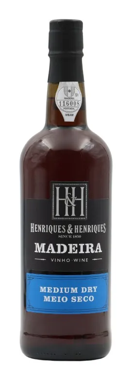 Bottle of Henriques & Henriques Medium Dry Madeirawith label visible