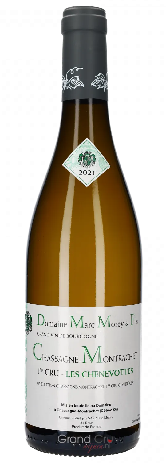 Bottle of Domaine Marc Morey & Fils Chassagne-Montrachet 1er Cru 'Les Chenevottes'with label visible