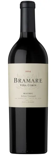 Bottle of Viña Cobos Bramare Rebon Vineyard Malbecwith label visible