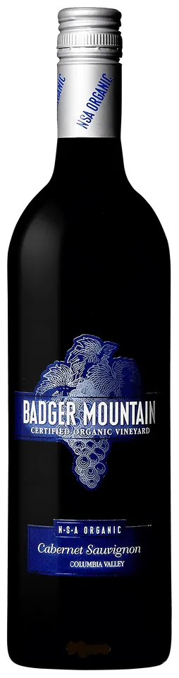 Bottle of Badger Mountain Cabernet Sauvignon (N.S.A Organic)with label visible