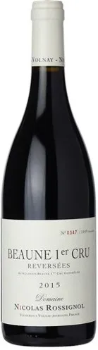 Bottle of Domaine Nicolas Rossignol Beaune 1er Cru 'Les Reversées'with label visible