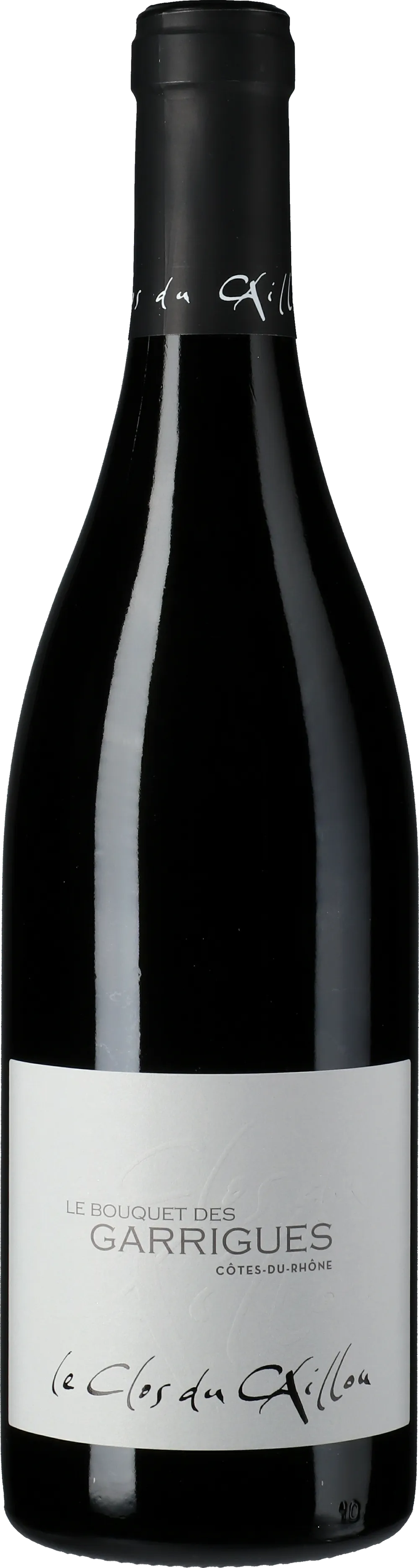 Bottle of Clos du Caillou Côtes du Rhône Le Bouquet Des Garrigueswith label visible
