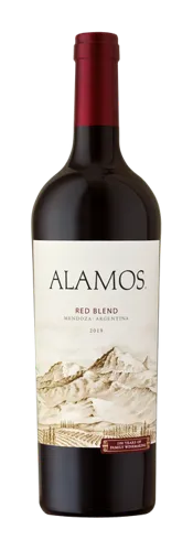 Bottle of Alamos Red Blendwith label visible