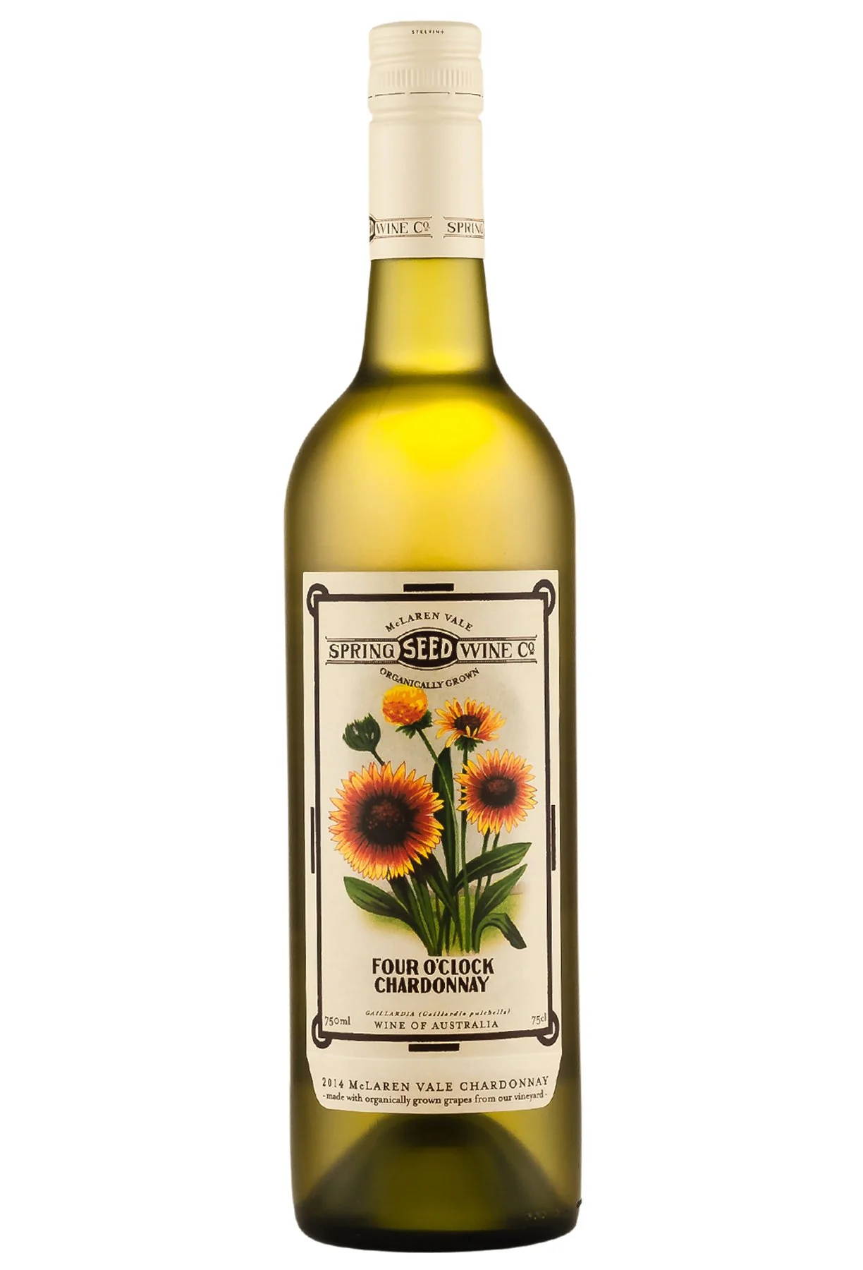 Bottle of Spring Seed Four O'Clock Chardonnaywith label visible