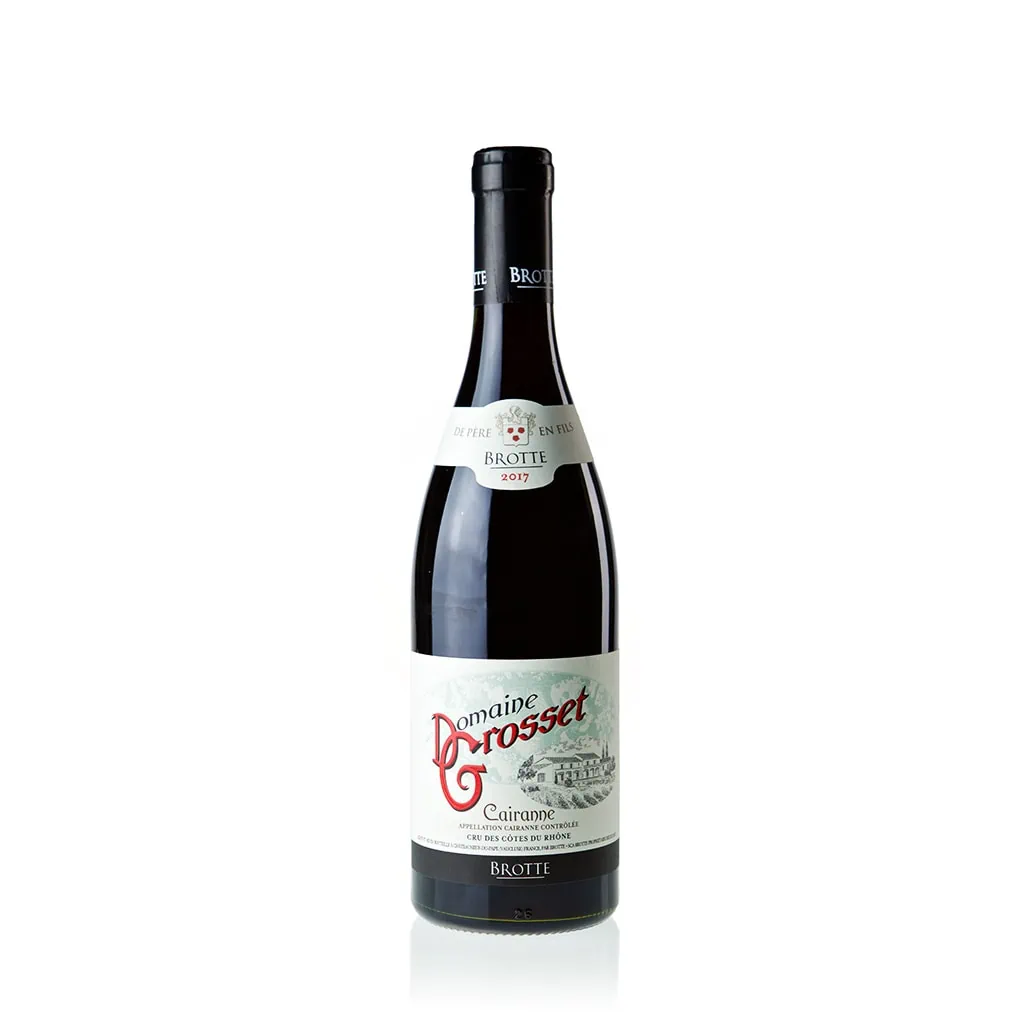 Bottle of Brotte Domaine Grosset Côtes du Rhône Villages Cairannewith label visible