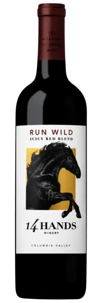 Bottle of 14 Hands Run Wild (Juicy Red Blend)with label visible