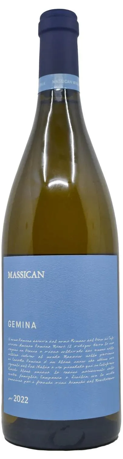 Bottle of Massican Gemina Biancowith label visible