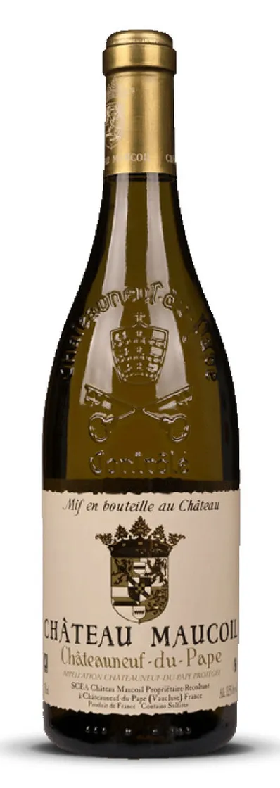 Bottle of Château Maucoil Châteauneuf-du-Pape Blancwith label visible