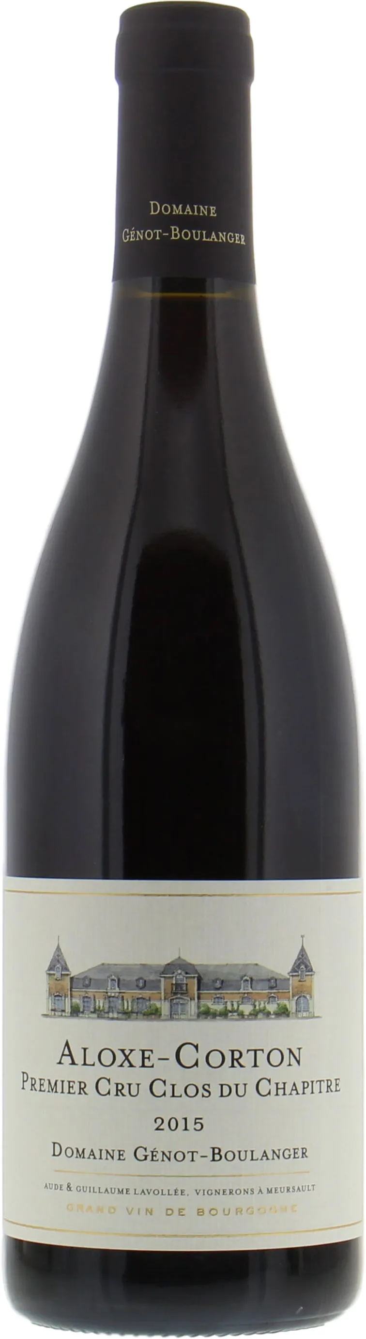 Bottle of Domaine Génot-Boulanger Aloxe-Corton Premier Cru 'Clos du Chapître'with label visible