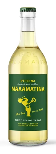 Bottle of Malamatina Retsinawith label visible