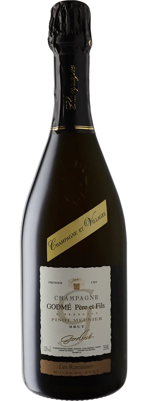 Bottle of Godmé Père et Fils Les Romaines Pinot Meunier Brut Champagne Grand Cru 'Verzenay'with label visible